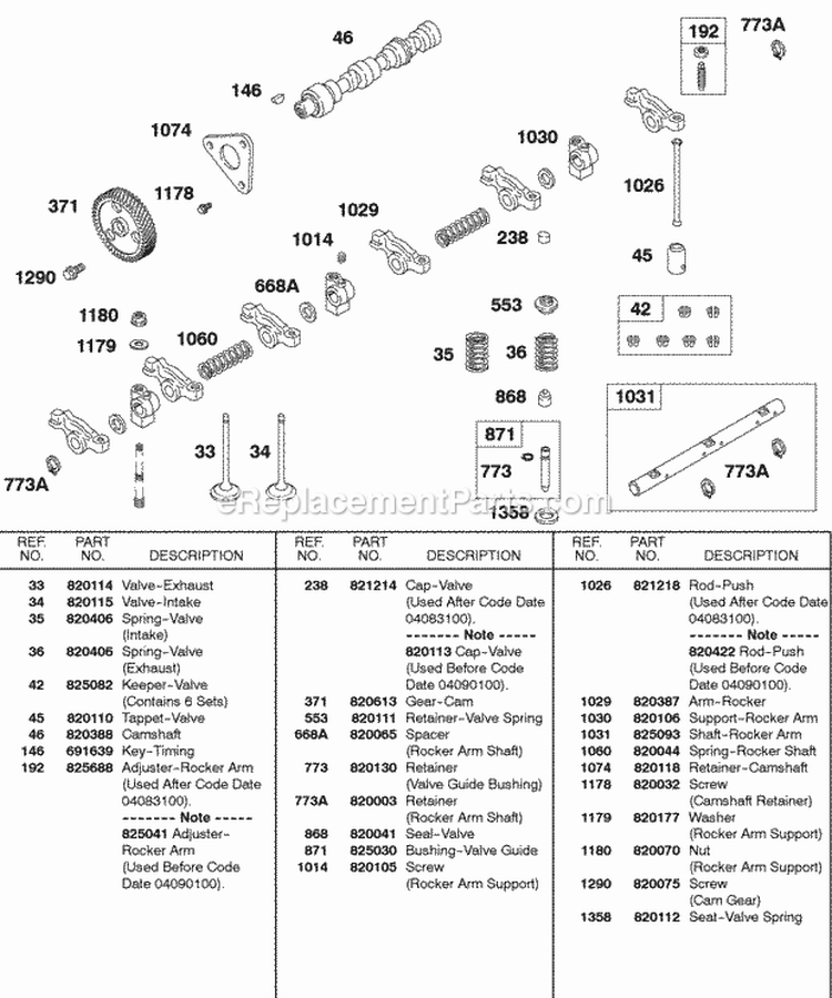 Camshaft Cam Gear Valves Springs Rocker Arm Diagram and Parts List for 581447-0375-E2  Briggs and Stratton Engine